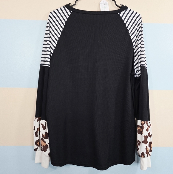 Leopard Lantern Sleeve Stripe Patchwork Casual Colorblock Top - Picture 6 of 7